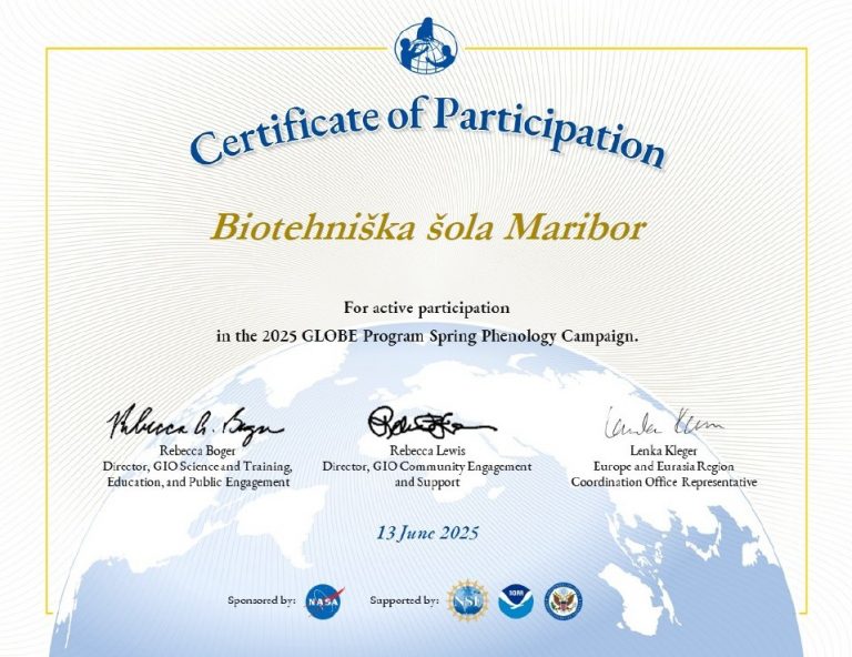 Certifikat za sodelovanje v projektu Green up